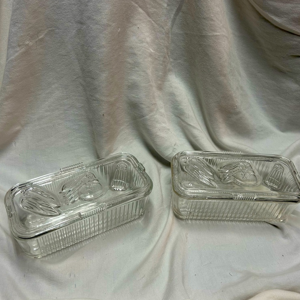 Vintage Federal Glass Ribbed Rectangular Refrigerator Box Vegetable or Fruit.